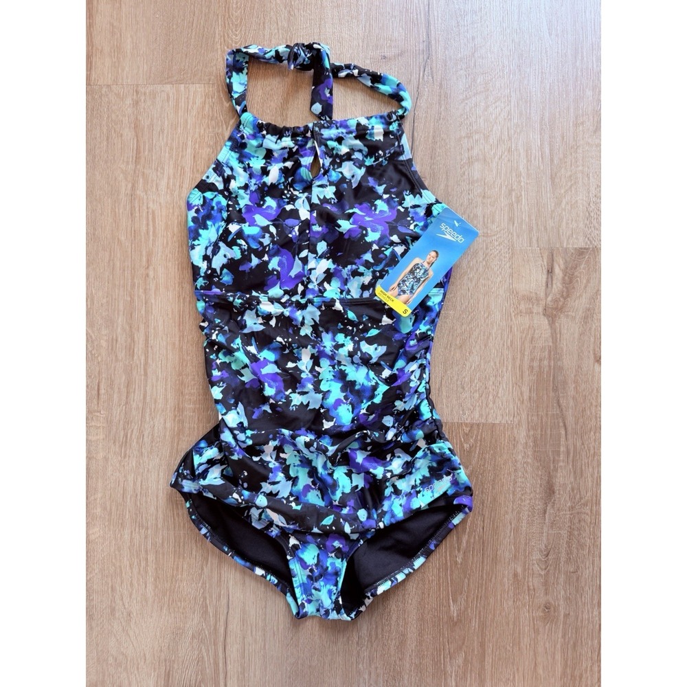 Speedo High Neck Keyhole One Piece Swimsuit Sz Small Abstract Beach Vacation NWT - Picture 2 of 8